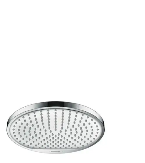 Hansgrohe Kopfbrause mit runder, glatter Oberfläche und gleichmäßig angeordneten Düsenauslässen für eine gezielte Wasserverteilung.
